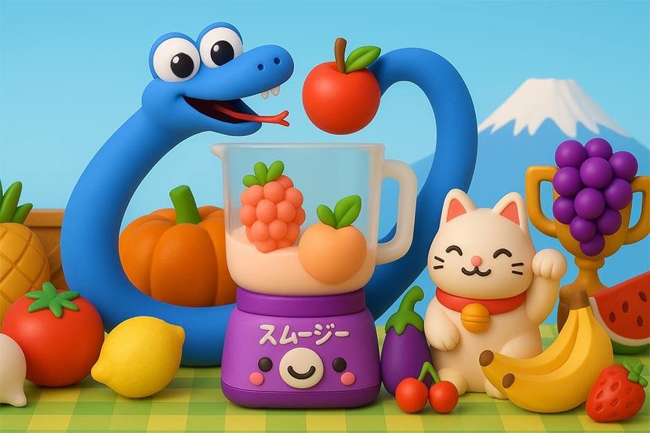 Googleヘビのマスコットとさまざまなフルーツ、そしてミキサー