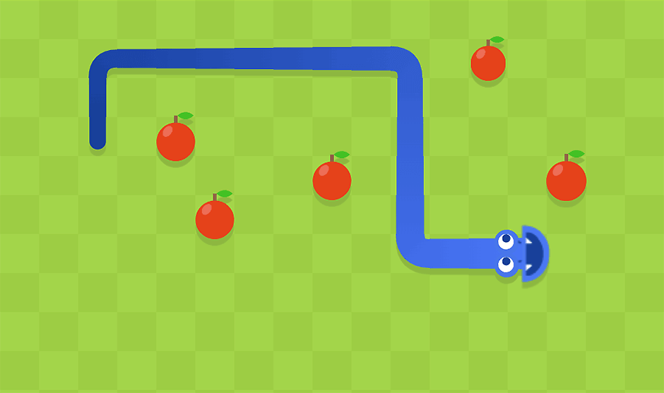 Googleヘビゲームでリンゴを食べる青いヘビ